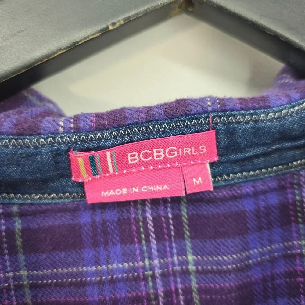 BCBG Girls Purple Denim PLaid Skull Button Long Sleeve Flannel Size M
